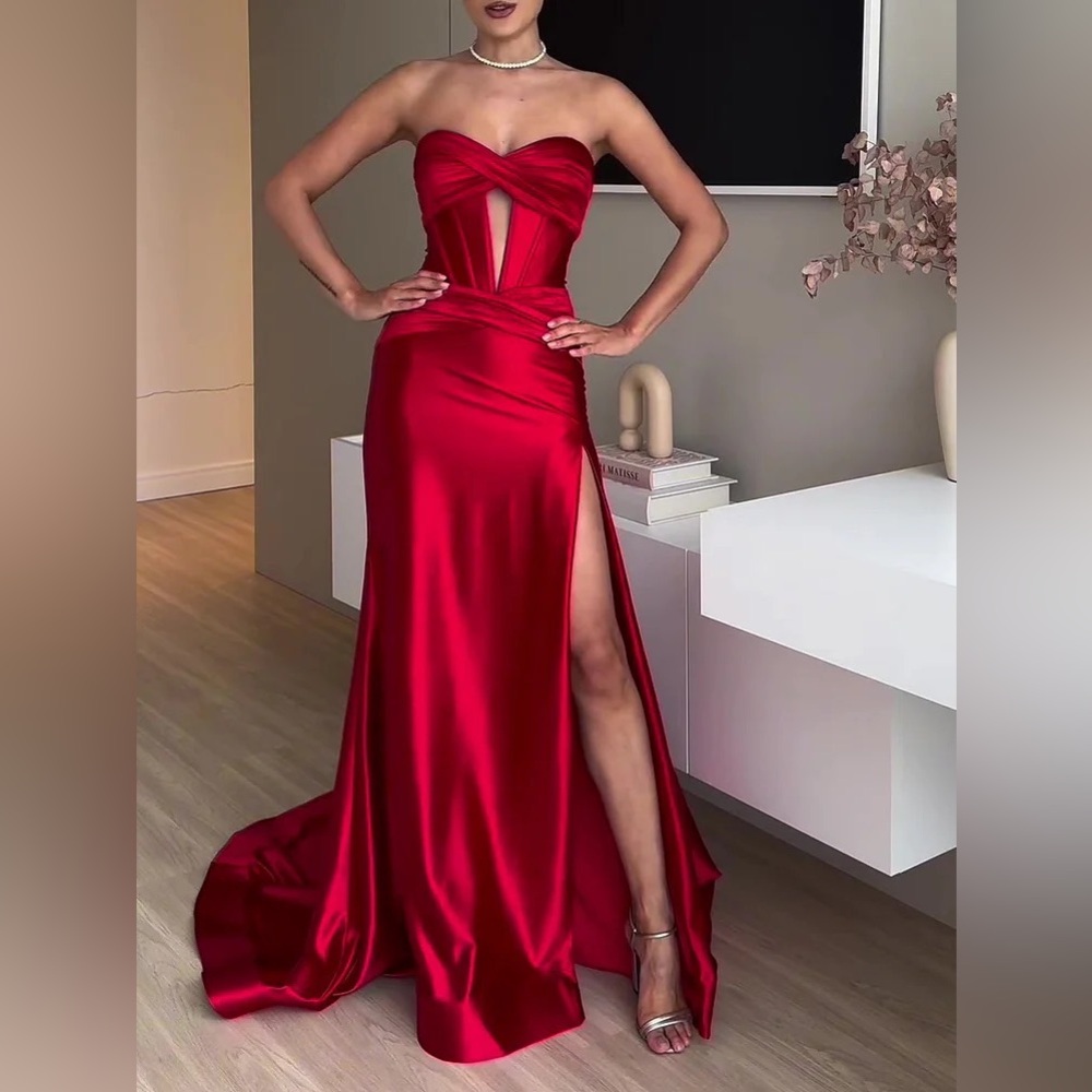 Scacto Red Tube Top Slit Long Evening Dress formal gown large special occasions